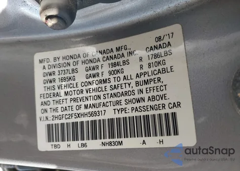2017 Honda Civic Lx z USA, uszkodzony, nr VIN 2HGFC2F5XHH569317